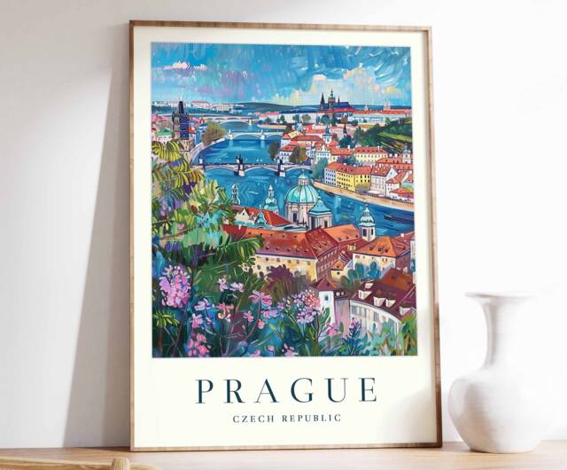 Prague Travel Poster Charles Bridge & Castle View, Czech Republic - image 1