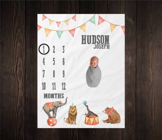 Circus Baby Milestone Blanket, Animals Shower Gift, Keepsake Show Theme Nursery - image 1