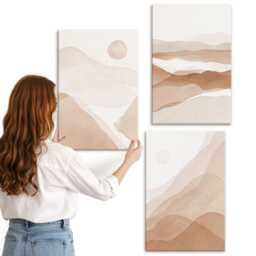 3 Piece Canvas Set - Landscapes in Shades Of Brown & Beige, Wall Art, Abstract Hanging - thumbnail 3