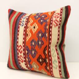 Handmade Turkish Kilim Pillow Cover, Boho Retro Home Decor - 16x16 Inch - thumbnail 3
