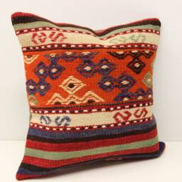 Handmade Turkish Kilim Pillow Cover, Boho Retro Home Decor - 16x16 Inch - thumbnail 1