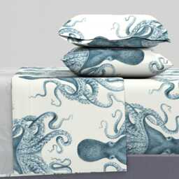 Vintage Nautical Sheets - Octopus Oasis in Sea By Willowlanetextiles Steampunk Kraken Cotton Sateen Sheet Set Bedding Spoonflower