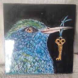 Handpainted Ceramic Tile Mural Bird With Key Wall Art - thumbnail 3