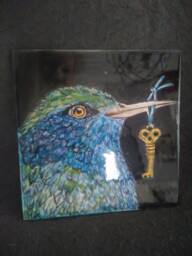 Handpainted Ceramic Tile Mural Bird With Key Wall Art