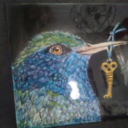 Handpainted Ceramic Tile Mural Bird With Key Wall Art - thumbnail 2