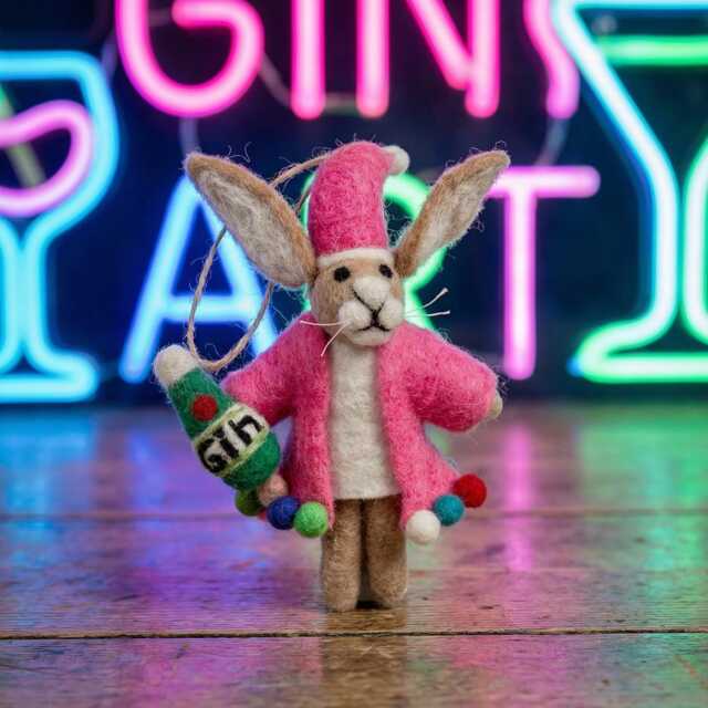 Christmas Party Animal Hare Decoration Gin Cocktail, Handmade Needle Felt Wool - image 1