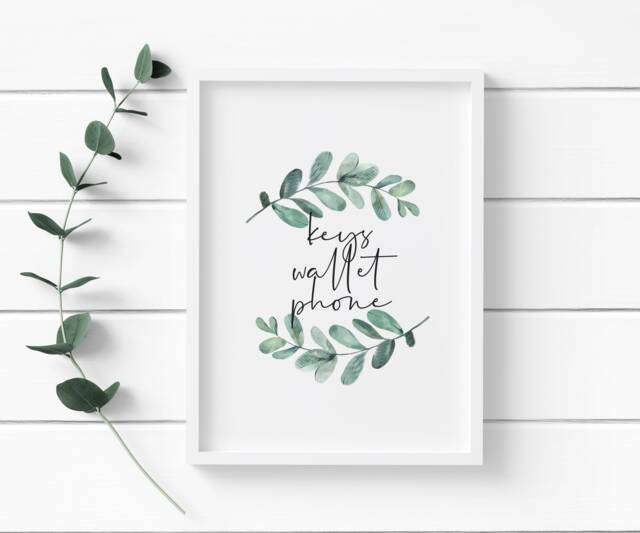 Keys, Wallet Phone Eucalyptus Print. Printed Onto White Matte Premium Finish Paper, A4 & A3 Paper Sizes Available - image 1
