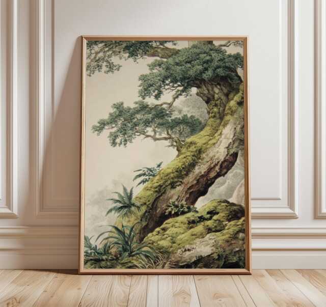 Gnarled Oak Tree Poster - Moss Covered Woodland Wall Art Vintage Forest Nature Illustration - image 1