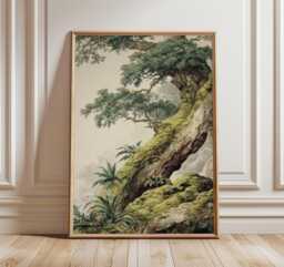 Gnarled Oak Tree Poster - Moss Covered Woodland Wall Art Vintage Forest Nature Illustration - thumbnail 1