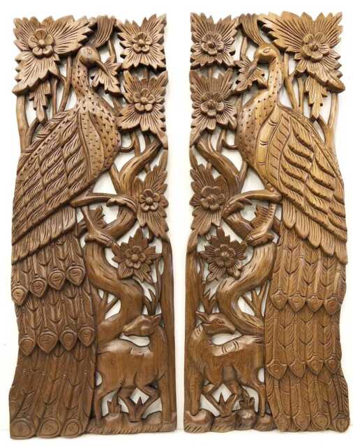 Wall Hanging Wood Carved Peacock Bird Art Panel Forest Thailand Sculpture Solid Hand Animal Asian Reclaimed Teak 90cm 36 - image 1