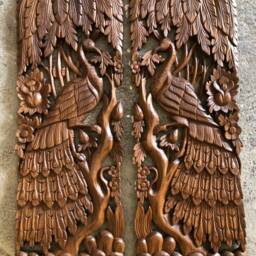Wall Hanging Wood Carved Peacock Bird Art Panel Forest Thailand Sculpture Solid Hand Animal Asian Reclaimed Teak 90cm 36 - thumbnail 3