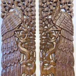 Wall Hanging Wood Carved Peacock Bird Art Panel Forest Thailand Sculpture Solid Hand Animal Asian Reclaimed Teak 90cm 36 - thumbnail 2
