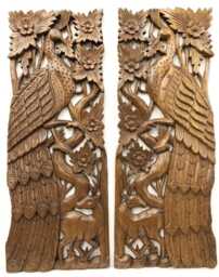 Wall Hanging Wood Carved Peacock Bird Art Panel Forest Thailand Sculpture Solid Hand Animal Asian Reclaimed Teak 90cm 36