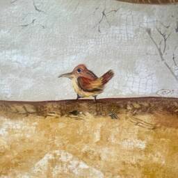 Hand-Painted Carolina Wren Floorcloth Abstract Bird Art Rug - thumbnail 4