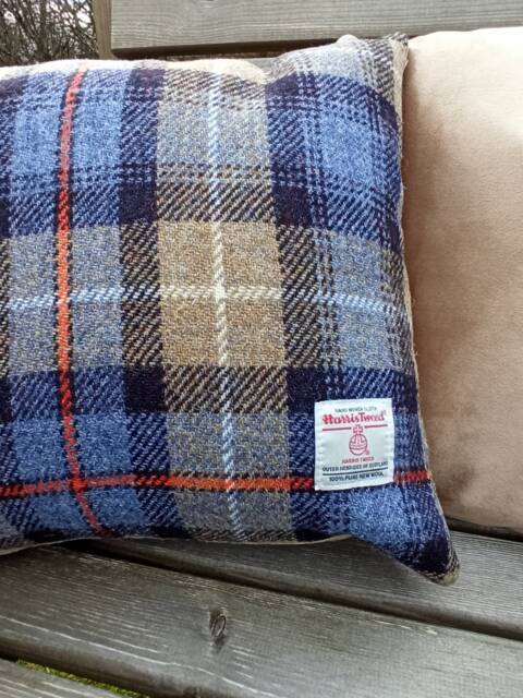 Harris Tweed Cushions Blue, Beige Check With Orange Lines Mckenzie Tartan - image 1