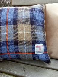 Harris Tweed Cushions Blue, Beige Check With Orange Lines Mckenzie Tartan - thumbnail 1