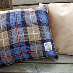 Harris Tweed Cushions Blue, Beige Check With Orange Lines Mckenzie Tartan - thumbnail 2