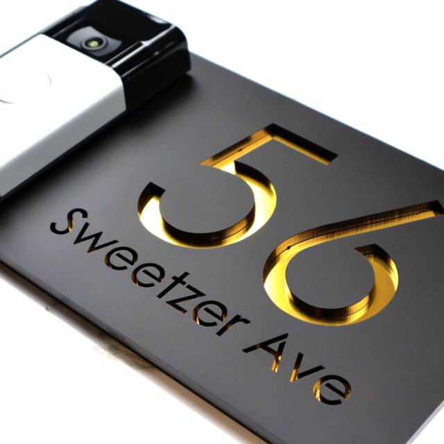 K Smart Sign - Bellissima Db Ring Nest Video Wifi Doorbell Laser Cut Matt Black & Gold Mirror Floating House - image 1