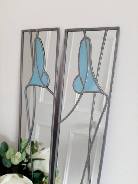 Opposite Pair Lily in Blue Rennie Mackintosh Style Stained Glass Effect Mirror 10x40cm Handmade UK - image 1