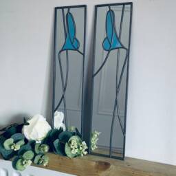 Opposite Pair Lily in Blue Rennie Mackintosh Style Stained Glass Effect Mirror 10x40cm Handmade UK - thumbnail 2