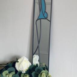 Opposite Pair Lily in Blue Rennie Mackintosh Style Stained Glass Effect Mirror 10x40cm Handmade UK - thumbnail 3