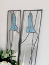 Opposite Pair Lily in Blue Rennie Mackintosh Style Stained Glass Effect Mirror 10x40cm Handmade UK