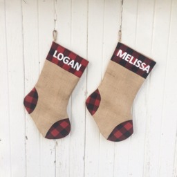 Buffalo Plaid & Burlap Christmas Stocking - Red & Black Check - Natural Burlap-Cotton Flannel - Rustic-Cabin-Woodland-Holiday Decor