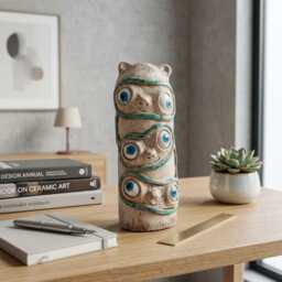 Three-Faced Ceramic Monster Sculpture Handmade Quirky Desk Decor