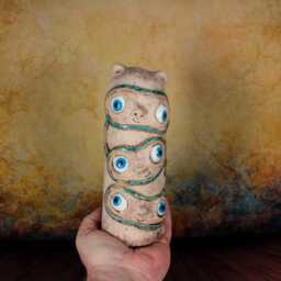 Three-Faced Ceramic Monster Sculpture Handmade Quirky Desk Decor - thumbnail 3