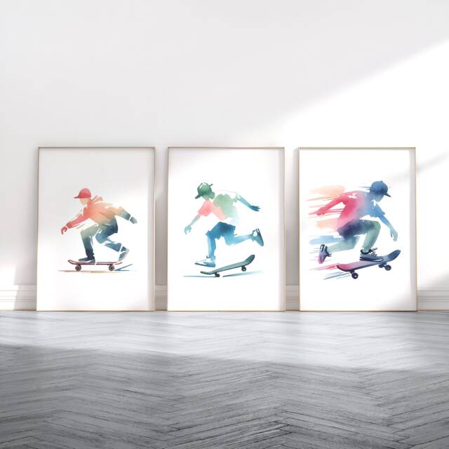 Skateboarder Poster Prints - Set Of 3 Posters - Skateboard Wall Art Kids Room Decor Gift Skateboarding Artwork Boys Bedroom Gifts - image 1