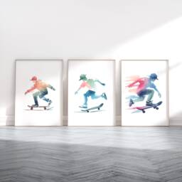 Skateboarder Poster Prints - Set Of 3 Posters - Skateboard Wall Art Kids Room Decor Gift Skateboarding Artwork Boys Bedroom Gifts - thumbnail 1