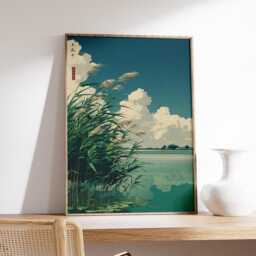 Lake Landscape Wall Art Poster, Japanese Illustration Print, Nature Scenery Decor - thumbnail 2