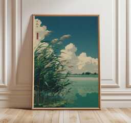 Lake Landscape Wall Art Poster, Japanese Illustration Print, Nature Scenery Decor - thumbnail 1