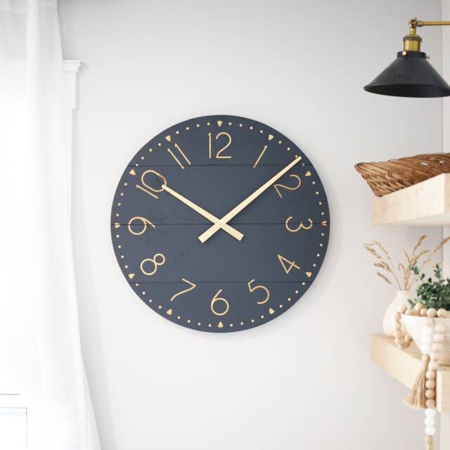 Handmade Large Navy Wood Wall Clock - Gold Accent, Modern Home Decor - image 1
