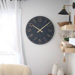 Handmade Large Navy Wood Wall Clock - Gold Accent, Modern Home Decor - thumbnail 2
