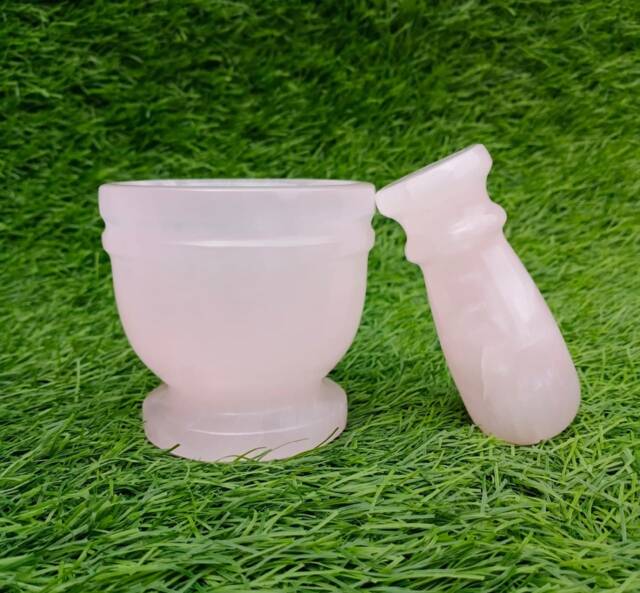Morter With Pestle Handmade Natural Pink Calcite Stone Carving - image 1