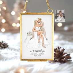 Personalized Wedding Frame Ornament, Custom Watercolor Couple Portrait Christmas Gift, Engaged Gift, Couple Xmas Gift, First Keepsake - thumbnail 1