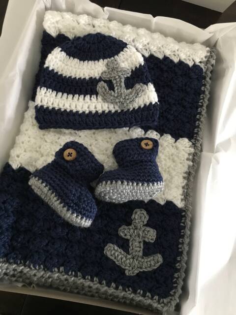 Nautical Baby Blanket Set - Navy & White Crochet Blanket, Hat & Booties Anchor Gift Handmade Shower Newborn - image 1