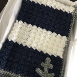 Nautical Baby Blanket Set - Navy & White Crochet Blanket, Hat & Booties Anchor Gift Handmade Shower Newborn - thumbnail 2