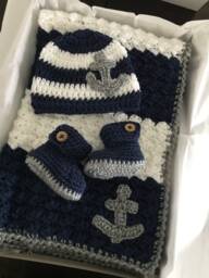 Nautical Baby Blanket Set - Navy & White Crochet Blanket, Hat & Booties Anchor Gift Handmade Shower Newborn