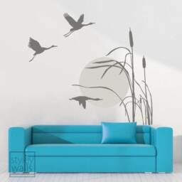 Cranes Wall Decal, Sticker, Bird Flying Birds Reed Grass & At Sunset Vinyl Decal - thumbnail 2