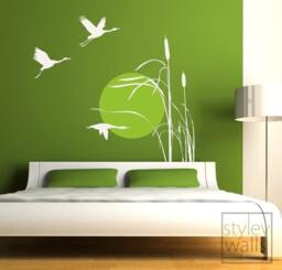 Cranes Wall Decal, Sticker, Bird Flying Birds Reed Grass & At Sunset Vinyl Decal - thumbnail 1