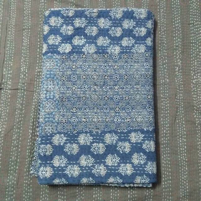 Hand Block Print Kantha Quilt, Indian Cotton Patchwork Bedspread, Floral Dragon Blue - image 1