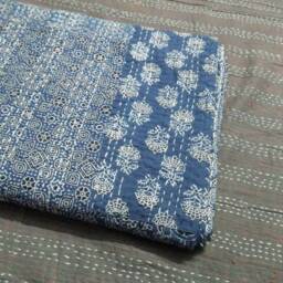 Hand Block Print Kantha Quilt, Indian Cotton Patchwork Bedspread, Floral Dragon Blue - thumbnail 2