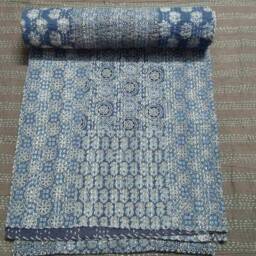 Hand Block Print Kantha Quilt, Indian Cotton Patchwork Bedspread, Floral Dragon Blue - thumbnail 3