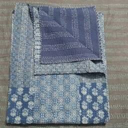 Hand Block Print Kantha Quilt, Indian Cotton Patchwork Bedspread, Floral Dragon Blue - thumbnail 4