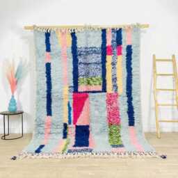 Blue Color Block Rug, Multi Abstract Moroccan Carpet, Handmade Berber Shag Large Area Funky Modern Decor - thumbnail 1