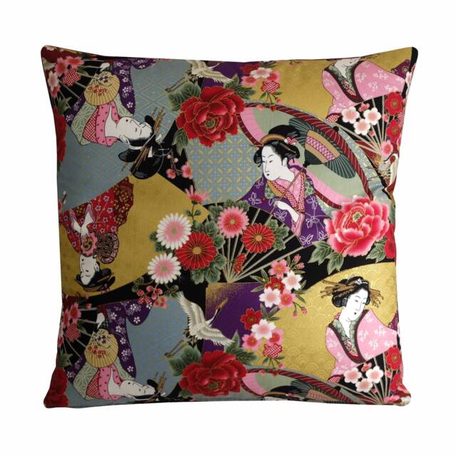 Geisha Cushion, Japanese Floral Pillow Cover Multicoloured With Gold Highlights, Oriental Gifts - image 1