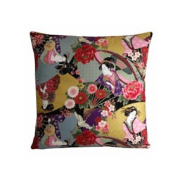 Japanese Geisha Cushion Cover With Metallic Gold Highlights