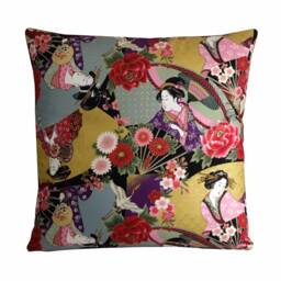 Geisha Cushion, Japanese Floral Pillow Cover Multicoloured With Gold Highlights, Oriental Gifts - thumbnail 1